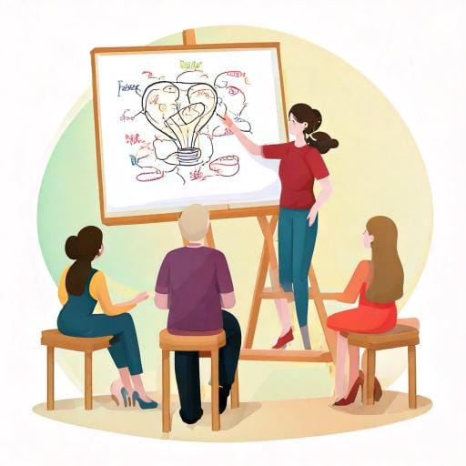 Firefly mehrere Personen mit einem Lehrer der ein Mindmap zum thema Kreativität an die Tafel zeichne